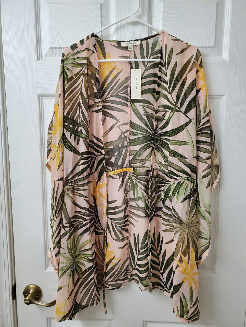 Francesca's Kimono Cover Up in Light Pink With Palm Leaves Size M